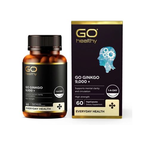 Viên uống bổ não GO Ginkgo 9000+ 60 viên - Sản phẩm nhập khẩu GO Healthy New Zealand, tăng cường trí nhớ và sức khỏe não bộ.