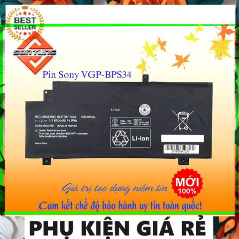 Pin Laptop Sony Vaio VGP-BPS34 VGP-BPL34 - Hàng Mới 100% 6 Cells 11.1V 41WH, Bảo Hành 6 Tháng, Phụ Kiện Thay Thế Chất Lượng Cao