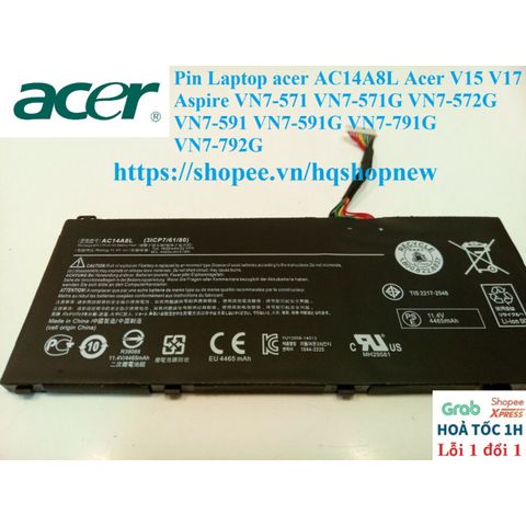 Pin Laptop Acer AC14A8L Chính Hãng - Thế Hệ Aspire V15 V17 VN7-571 VN7-591 VN7-791, Dung Lượng 43.08Wh, Bảo Hành 100%