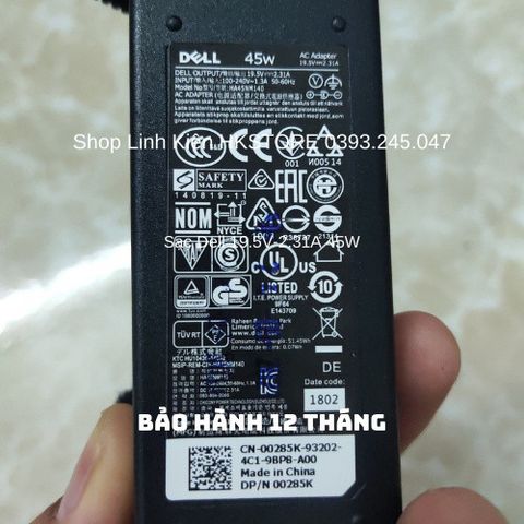 Sạc Laptop Dell 19.5V-2.31A 45W cho Inspiron 14, XPS 11, 12, 13 - Bảo hành 24 tháng, kèm dây nguồn chất lượng cao