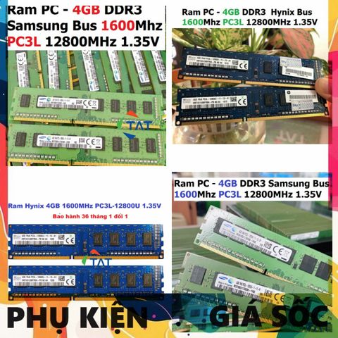 Ram PC 4GB DDR3 Hynix/Samsung 1600MHz PC3L - Bộ Nhớ Chuyên Dùng Cho Máy Tính Để Bàn, Bảo Hành 36 Tháng, 1 Đổi 1