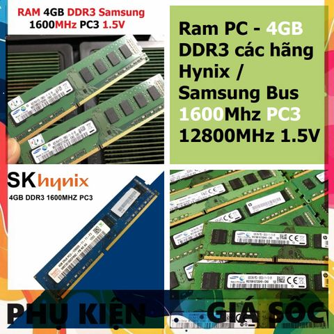 RAM DDR3 4GB 1600MHz PC3 1.5V - Hynix/Samsung, Dùng Cho Máy Tính Để Bàn Desktop, Bảo Hành 36 Tháng 1 Đổi 1