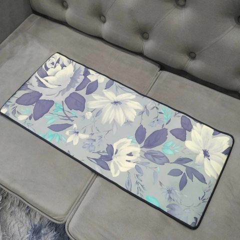 Tấm Lót Bàn Làm Việc Hoa Trắng Xanh Xám 70x30cm - Pad Chuột Chống Nước, Siêu Bền, Dày 3mm, Phù Hợp Cho Game Thủ