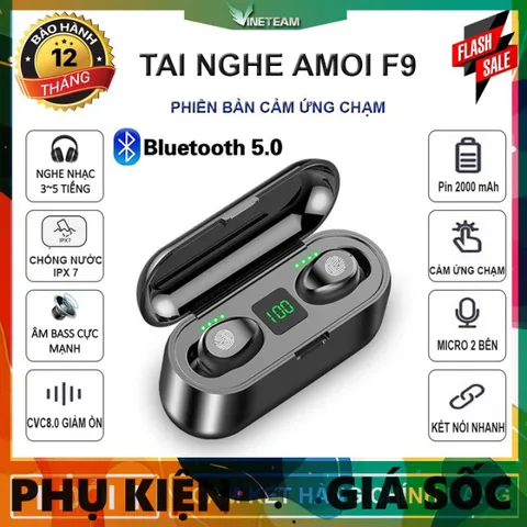 Tai Nghe True Wireless Amoi F9 - Bluetooth 5.0, Chống Nước, Âm Thanh HIFI, Pin 2000mAh, Sạc Dự Phòng, Thiết Kế Thoải Mái