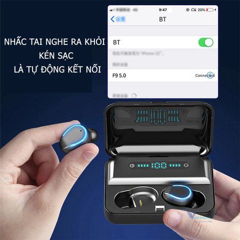 Tai nghe Bluetooth AMOI F9 TWS 5.0 Không Dây Chống Nước iPX5 - Âm Thanh HIFI, Sạc Dự Phòng 2500mAh, Tính Năng Thời Trang, Thoải Mái