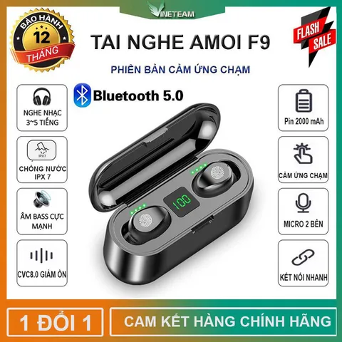Tai nghe Bluetooth AMOI F9 TWS 5.0 Không Dây Chống Nước iPX5 - Âm Thanh HIFI, Sạc Dự Phòng 2500mAh, Tính Năng Thời Trang, Thoải Mái