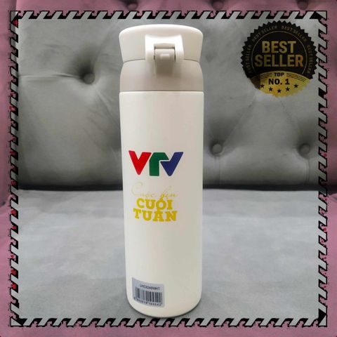 Bình giữ nhiệt LocknLock Wannabe One Touch 450ml - Phiên bản in logo VTV (Màu Trắng) - Giữ nóng lạnh hiệu quả, nắp mở 1 chạm