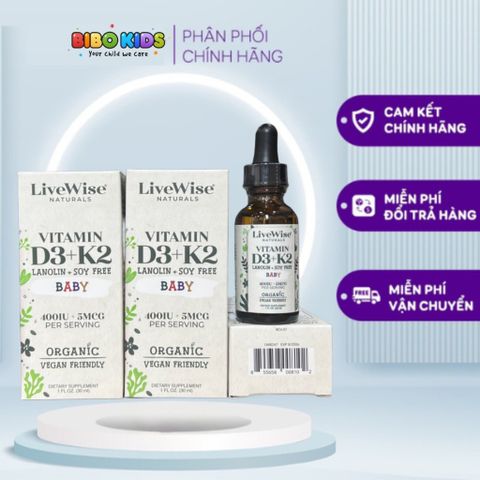 (MẪU MỚI)Vitamin D3K2 Thuần Chay LiveWise Naturals DATE 8.2026 - Mỹ - Hộp 30 ml