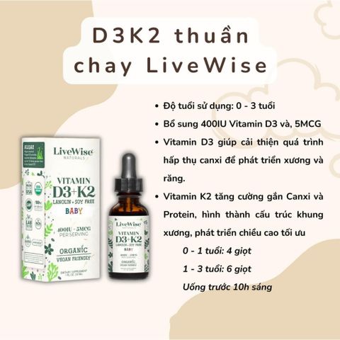 (MẪU MỚI)Vitamin D3K2 Thuần Chay LiveWise Naturals DATE 8.2026 - Mỹ - Hộp 30 ml