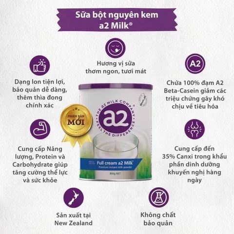 Sữa bột a2 nguyên kem 850g dạng lon