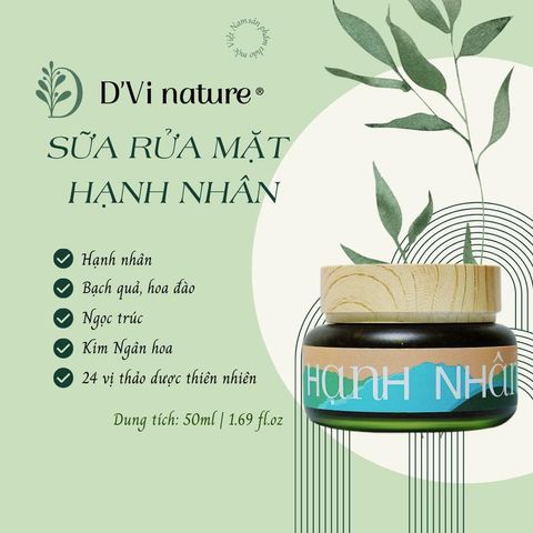Sữa Rửa Mặt Hạnh Nhân DVi Nature - Làm Sạch Sâu Lỗ Chân Lông, Loại Bỏ Bụi Bẩn và Bã Nhờn, Dành Cho Da Nhờn, Mụn
