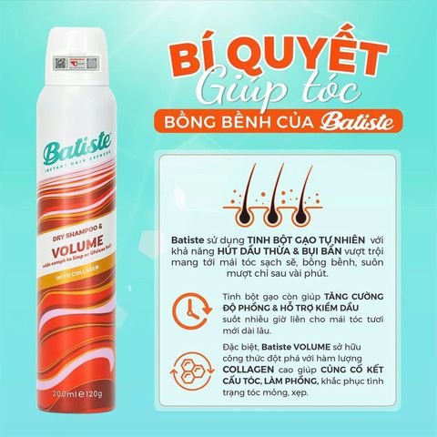 Dầu Gội Khô Batiste 200ml - Giải Pháp Nhanh Chóng Cho Tóc Dầu, Không Cần Nước, Tươi Mát Và Dễ Dàng Mang Theo