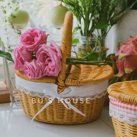 Giỏ mây quai xách có lót nắp [hình thật] [giá xưởng]