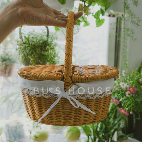 Giỏ mây quai xách có lót nắp [hình thật] [giá xưởng]