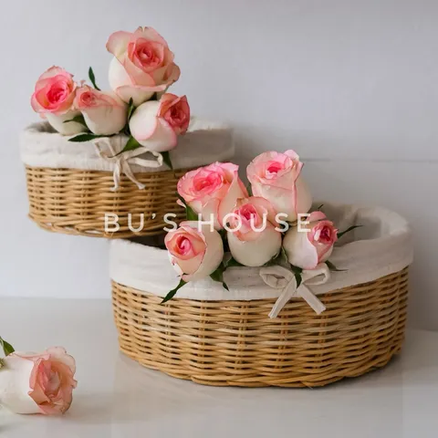 Rổ mây đựng hoa quả có lót vải, trang trí decor phòng