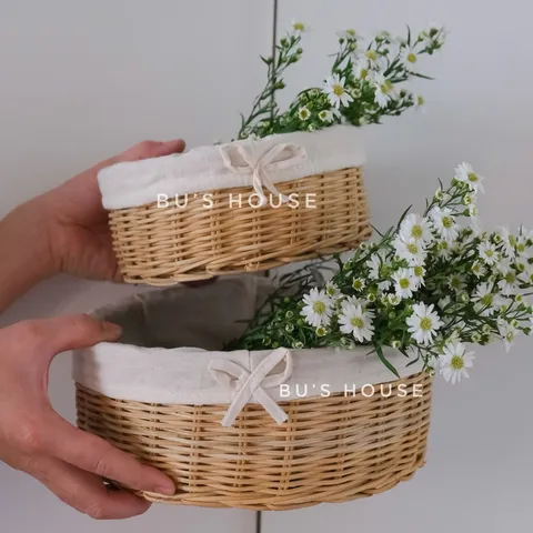 Rổ mây đựng hoa quả có lót vải, trang trí decor phòng