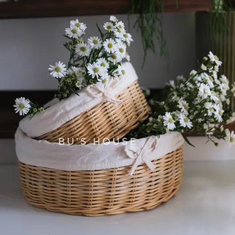 Rổ mây đựng hoa quả có lót vải, trang trí decor phòng