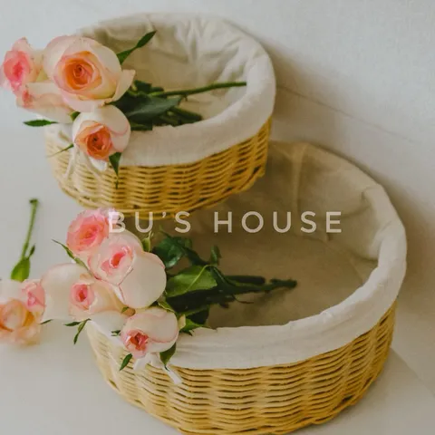 Rổ mây đựng hoa quả có lót vải, trang trí decor phòng