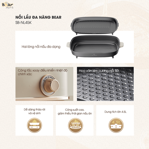 Nồi Lẩu Nướng Đa Năng 2 Khay Bear SB-NL45K - Nấu Lẩu, Chiên, Nướng, 4.5L, 1600W, Quà Tặng Gia Đình, Tiệc BBQ