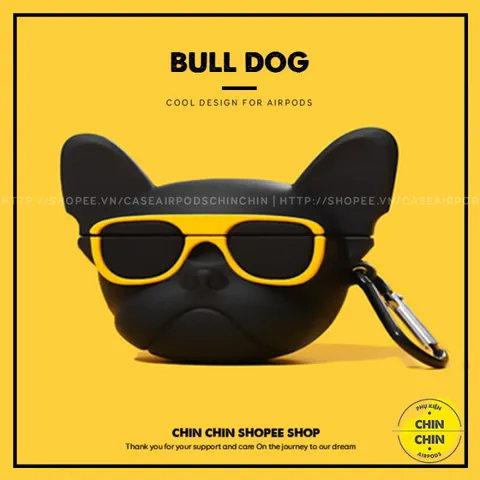 Case Vỏ Bọc AirPods Chó Bull Kính Vàng - Phụ Kiện Silicone Chất Lượng Cho AirPods 1 2 PRO, Bảo Vệ Tai Nghe Thời Trang