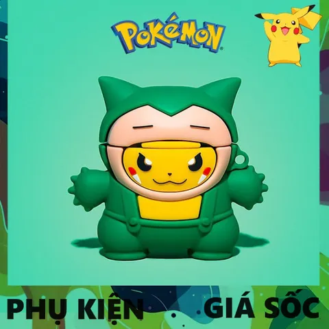Vỏ Bọc AirPods Silicone Dẻo Pika Kabi Xanh - Phụ Kiện Tai Nghe Cho AirPods 1, 2, PRO, Siêu Cute, Hàng Chính Hãng