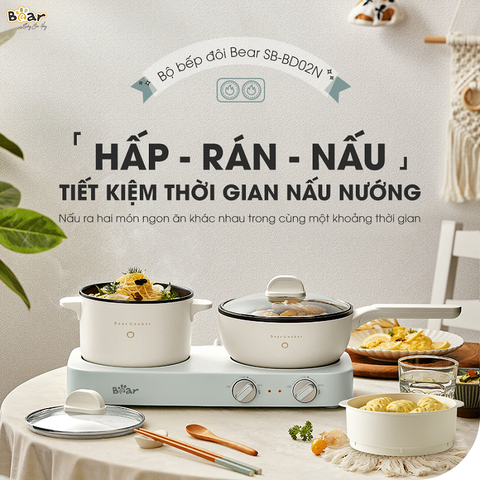 Bếp Từ Đa Năng Bear SB-BD02N - Bộ Đôi Nồi Chảo Chất Liệu Cao Cấp, Điều Chỉnh Nhiệt Độ Độc Lập, Dễ Dàng Vệ Sinh