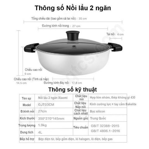 Nồi Lẩu 2 Ngăn 2 Vị Xiaomi Mijia 4L - Nồi Hấp Dẫn Chất Liệu Nhôm Inox 430 An Toàn, Phù Hợp Với Bếp Từ, Dễ Dàng Vệ Sinh
