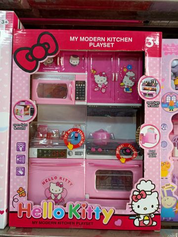 Chọn ngẫu nhiên mã 8921 đồ chơi nhập vai bộ tủ bếp 2 ngăn có đèn và âm thanh Hello Kitty, đồ chơi nấu ăn