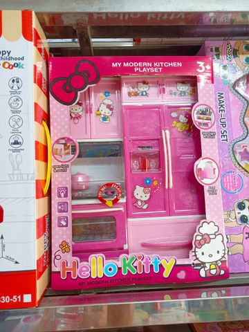 Chọn ngẫu nhiên mã 8921 đồ chơi nhập vai bộ tủ bếp 2 ngăn có đèn và âm thanh Hello Kitty, đồ chơi nấu ăn