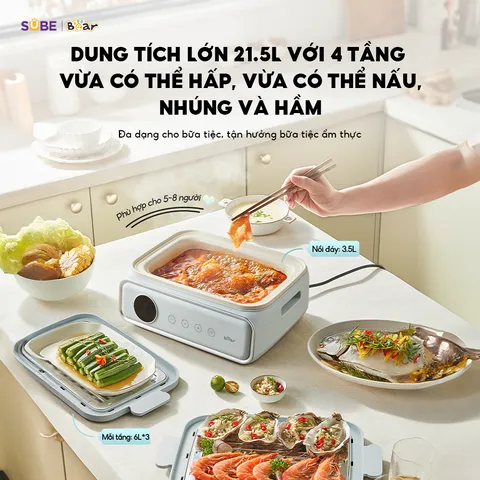 Nồi Hấp Điện Đa Năng Bear DZG-P20W7 21.5L - Thiết Kế 4 Tầng, Chức Năng Đa Dạng, An Toàn Sức Khỏe