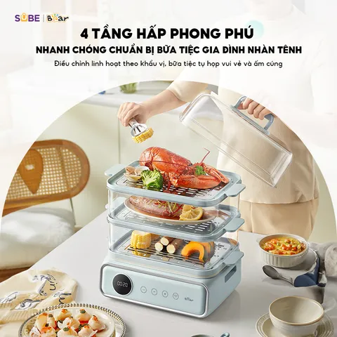 Nồi Hấp Điện Đa Năng Bear DZG-P20W7 21.5L - Thiết Kế 4 Tầng, Chức Năng Đa Dạng, An Toàn Sức Khỏe