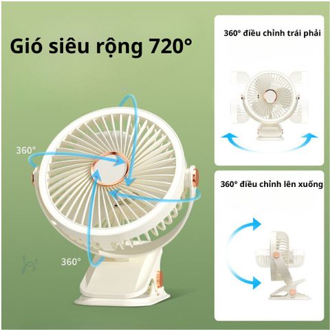 Quạt Tích Điện Mini Để Bàn/Kẹp 5 Mức Gió - Sạc USB, Giảm Tiếng Ồn, Xoay Linh Hoạt, Thiết Kế Nhỏ Gọn cho Văn Phòng và Du Lịch
