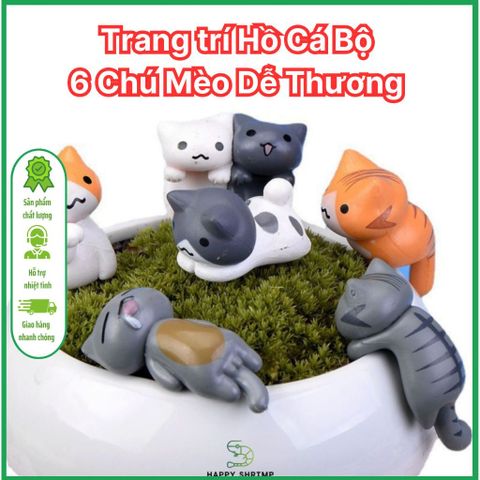 Bộ Trang Trí Hồ Cá 6 Chú Mèo Dễ Thương - Mèo Chibi Resin Trang Trí Bể Cá Tiểu Cảnh, Cute và An Toàn Cho Thủy Sinh