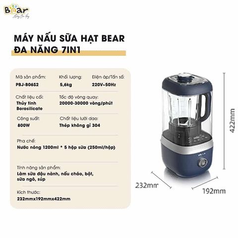 Máy Xay Nấu Sữa Hạt Đa Năng Cách Âm Bear PBJ-B06S2 - 9 Chức Năng, Động Cơ 800W, Ấm 72dB, Cối Thủy Tinh Chống Va Đập