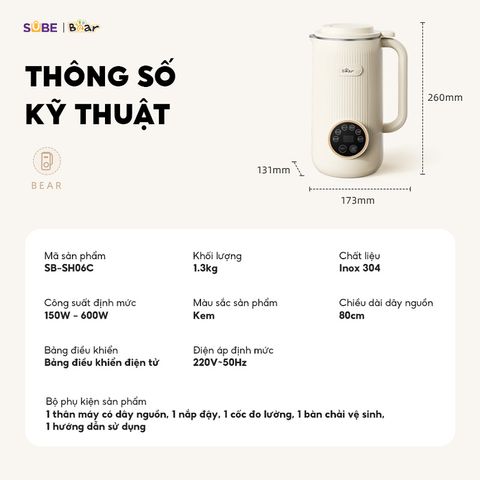 Máy Làm Sữa Hạt Bear 0.6L SB-SH06C - Đa Chức Năng, 600W, Giảm Tiếng Ồn, Dễ Dàng Vệ Sinh, Thích Hợp Cho Gia Đình