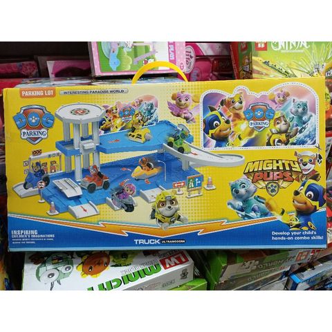 Hộp đồ chơi lắp ghép mô hình bãi đậu xe ô tô trong thành phố của đội chó cứu hộ DOG PARKING LOT 553-388