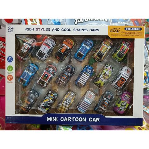 Hộp đồ chơi gồm 18 chiếc Xe ô tô MINI CARTOON CAR chạy bằng bánh đà 66-51