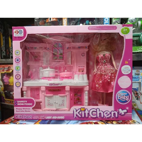 Hộp đồ chơi Tủ Bếp nấu ăn HAPPY KITCHEN kèm búp bê, có nhạc và đèn phát sáng 6819 (tặng kèm pin)