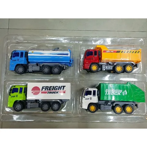 Mã 1299 - Hộp đồ chơi có 4 Xe ô tô công trình chạy bằng bánh đà