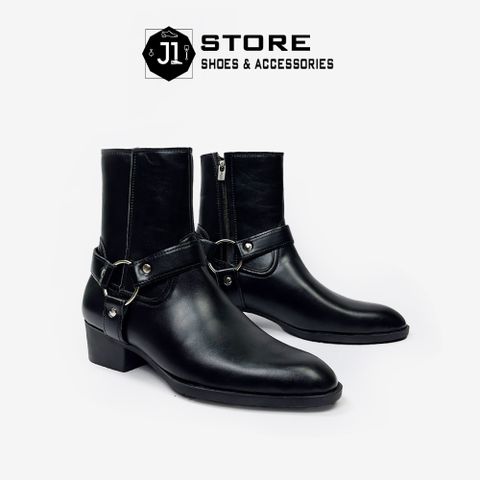 Giày Boot Nam Harness Hessian Hàn Quốc, Khóa Kéo Da Cao Su Tăng Chiều Cao 5cm - Phong Cách Vintage Sang Trọng và Nam Tính
