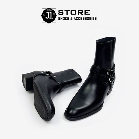 Giày Boot Nam Harness Hessian Hàn Quốc, Khóa Kéo Da Cao Su Tăng Chiều Cao 5cm - Phong Cách Vintage Sang Trọng và Nam Tính