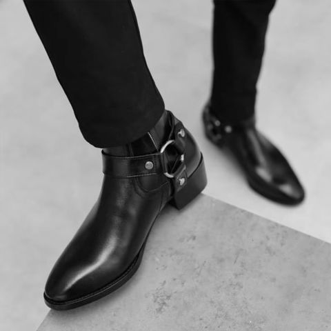 Giày Boot Nam Harness Hessian Hàn Quốc, Khóa Kéo Da Cao Su Tăng Chiều Cao 5cm - Phong Cách Vintage Sang Trọng và Nam Tính