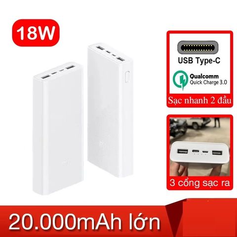 Pin Dự Phòng Xiaomi 20000mAh Gen 3 - Sạc Nhanh QC 3.0 18W - Nhẹ, Bền, Tương Thích Nhiều Thiết Bị - Màu Trắng