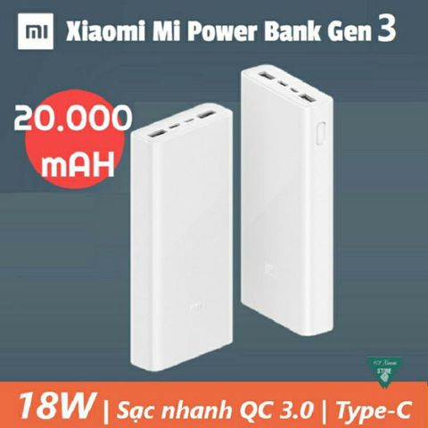 Pin Dự Phòng Xiaomi 20000mAh Gen 3 - Sạc Nhanh QC 3.0 18W - Nhẹ, Bền, Tương Thích Nhiều Thiết Bị - Màu Trắng