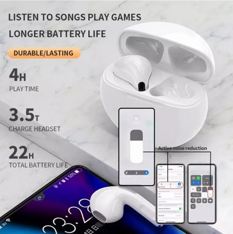 Tai nghe Bluetooth 5.1 Pro6TWS không dây có mic, âm thanh sống động, thiết kế siêu nhẹ, sạc nhanh | Tai nghe tiện dụng cho Android và iOS.