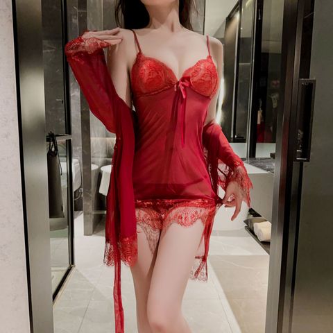 Váy Ngủ Ren Hai Dây Xuyên Thấu Sexy Kèm Áo Choàng & Quần Lót - Đồ Ngủ Mặc Nhà Nữ Thời Trang Chính Hãng