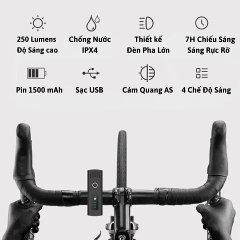 Đèn Xe Đạp LED Cảm Biến Ánh Sáng Thông Minh Chống Nước IPX4 - 250 Lumens, 4 Chế Độ Sáng, Phụ Kiện Xe Đạp Thể Thao