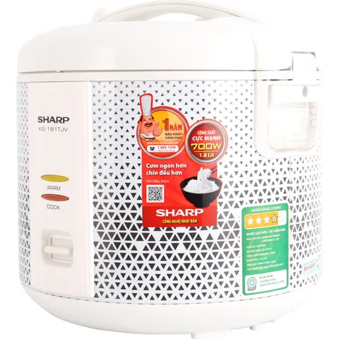 Nồi Cơm Điện Sharp KS-181TJV 1.8L - Thiết Kế Nắp Rời, Công Suất 700W, Chức Năng Giữ Ấm, Phù Hợp Gia Đình 4-6 Người