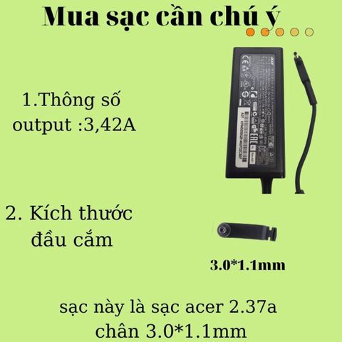 Sạc Acer 2.37A 65W Chân Nhỏ 3.0*1.1mm - Phụ Kiện Máy Tính Chính Hãng, Bảo Hành 12 Tháng