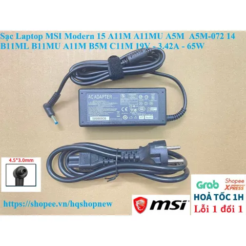 Sạc Laptop MSI Modern 15 A11M A11MU A5M 19V 3.42A 65W - Chính Hãng, An Toàn, Tiết Kiệm Năng Lượng, Hàng Mới 100%
